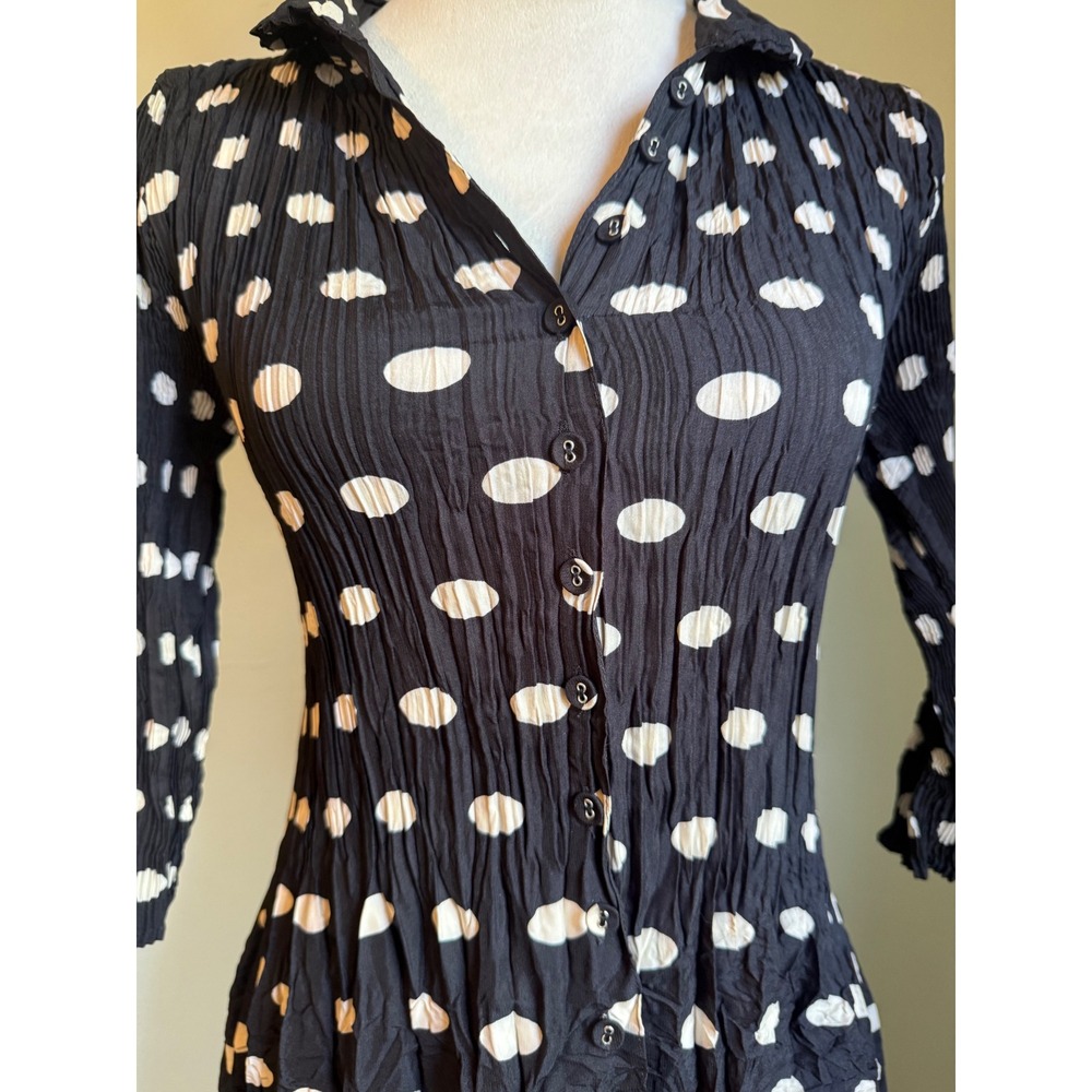 Alquema 0 2 4 Estrella Dress Black White Polka Dot Pleated Button prep Midi boho - Picture 2 of 6